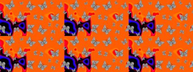 Kontrast çizimi, turuncu üzerine kelebek bezi şablonu. Davetiye, kart ve parmak izi için basit kadınsı bir model. Giysiler için böcek kumaşı klipsleri tekrarlanıyor. Uçan kelebek keten teması Raster tasarımı.