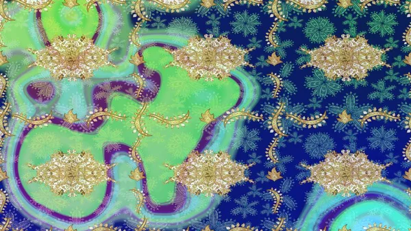 Tekrarlayan ögelerle soyut arkaplan çiz. Mavi ve altın desenli. Zarif raster klasik desen.