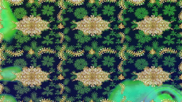 Sketch damask classic golden pattern. Golden sketch pattern on green colors with golden elements. Raster abstract background with repeating elements. Raster illustration.