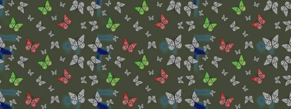 Yeşil kelebek deseni. Giysi tasarımı için dekor arka planı. Parmak izi dokuları için sevimli kelebek çizimi deseni. Raster illüstrasyonu.