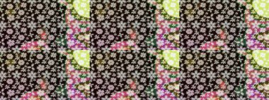 Şirin çiçekli eskiz deseni ve siyah renkli yapraklar, suluboya çiçek deseni, duvar kağıdı, kart veya kumaş için fayanslı. Raster illüstrasyonu.