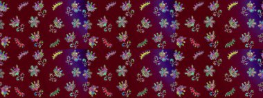 Raster düz çiçek çizim deseni. Hediye ambalaj kağıdı, tebrik kartları, posterler ve pankart tasarımı. Kırmızı, mor ve mavi renkte çiçekler.