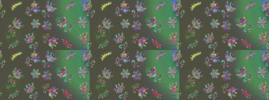 Gri, yeşil ve mavi çiçekli eskiz deseni, suluboya çiçek deseni, güzel çiçek, duvar kağıdı, kart veya kumaş için fayanslı. Raster - stok.