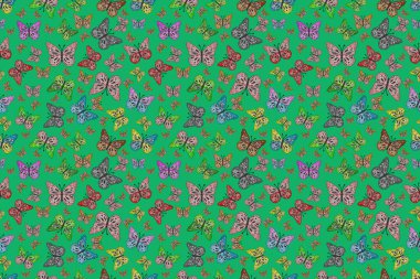 Moda sevimli kumaş tasarımı. Kelebeklerle güzel bir moda modeli. Fantezi çizimi. Siyah, gri ve yeşil renkler çizilmiş.