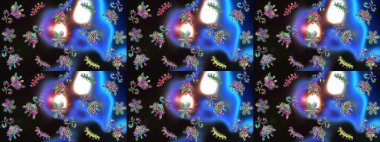 El çizimi çiçekli, pürüzsüz bir desen. Tekstil, kumaş, ambalaj, hatıra defteri için hoş bir çiçek arkaplanı. Çocuksu tasarım. Mavi, gri ve siyah arkaplanda.