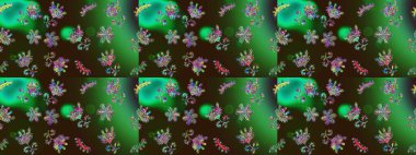 Patlayan çiçekler soyut olarak yerleştirilmiş. Raster deseni. Yeşil, kahverengi ve gri renklerde bahar çiçekleri. Raster illüstrasyonu.