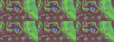 Parlak renkli çiçekleri olan ve kahverengi, yeşil ve mavi renkte yaprakları olan harika bir çiçek deseni. Moda baskıları için zarif bir şablon. Modern çiçek arkaplanı. Halk stili.