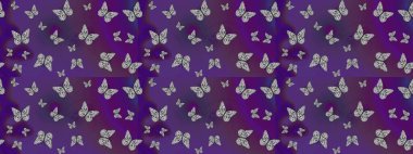 Kart, Davetiye ve Yazdırma için Şirin Kadınsı Desen. Güzel Kelebek Siluetleriyle Moda Dekorasyonu. Menekşe renkleri üzerine Raster Arka planı. Renkli Kelebeklerle Bahar Arkaplanı.