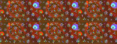 Klasik taslak çizimi. Çiçeksel kahverengi ve yeşil çizim deseni. Raster çiçek izi..