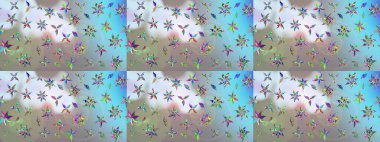 Moda baskısı, albüm, ambalaj kağıdı ve duvar kağıdı için zarif dekoratif süslemeler. Raster illüstrasyonu. Küçük çiçekli basit bir çiçek çizimi. Gri ve mavi renkte şirin çiçekler.