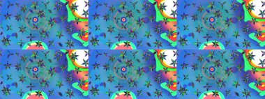 Sevimli çiçek raster deseni. Renkli Bahar Teması eskiz kalıbı. Düz Çiçek Elementleri Tasarımı. Mavi ve yeşil renkte çiçekler.