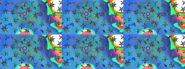 Sevimli çiçek raster deseni. Renkli Bahar Teması eskiz kalıbı. Düz Çiçek Elementleri Tasarımı. Mavi ve yeşil renkte çiçekler.