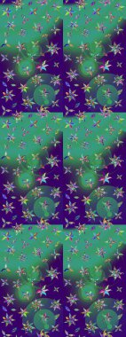 Mavi ve yeşil renkli bitkilerden oluşan parlak bir halı ile çizim deseni.