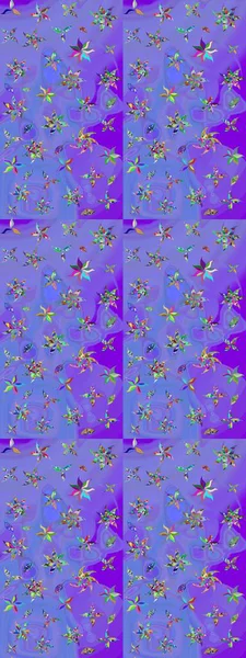 Düz Çiçek Elementleri Tasarımı. Raster illüstrasyonu. Renkli Bahar Teması eskiz kalıbı. Çiçek desenli çizim. Mor ve mavi renkte çiçekler. Asya tekstil tarzında.