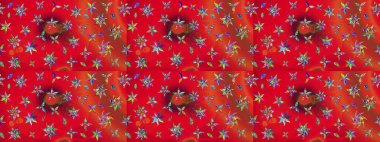 Hediye ambalaj kağıdı, tebrik kartları, posterler ve pankart tasarımı. Kırmızı ve turuncu renkli çiçekler. Raster düz çiçek çizim deseni.