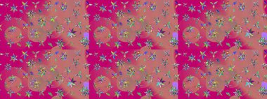 Pembe ve morumsu renklerde etnik çiçeklerle süslenmiş zarif bir eskiz şekli. Raster Çiçek İllüstrasyonu güzel tekstil..