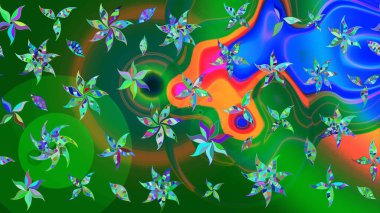 Tekrarlayan çiçek arkaplanı, zarif yeşil ve mavi çiçek duvar kağıdı. Yeşil ve mavi renkler üzerine çiçek desenli çizim, el yapımı papatyalar, papatyalar.