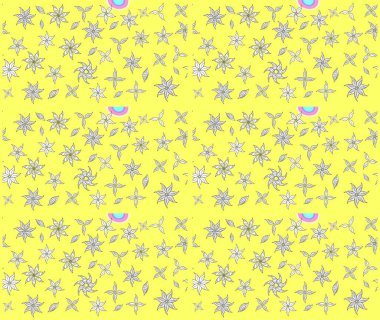 Zarif, parlak ve sarı çiçek desenli bir taslak. Raster. Sabıka baskıları, bebek kıyafetleri, duvar kâğıtları, paket kutuları vb..