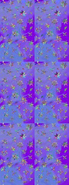 Sketch background pattern. Flowers with leaves and chamomile with cornflowers on violet and blue colors. Raster - stock.