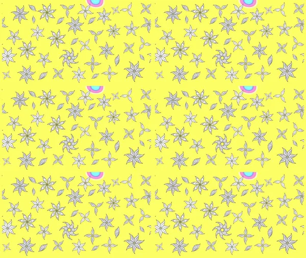 Zarif, parlak ve sarı çiçek desenli bir taslak. Raster. Sabıka baskıları, bebek kıyafetleri, duvar kâğıtları, paket kutuları vb..