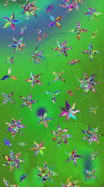 Raster illüstrasyonu. 3D çiçekler, eskiz. Yeşil ve mavi renklerde.