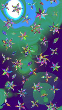 Modern çiçek arkaplanı. Halk tarzı. Parlak renkli çiçekleri olan ve mavi ve yeşil renkli yaprakları olan harika bir çiçek deseni. Moda baskıları için zarif bir şablon.