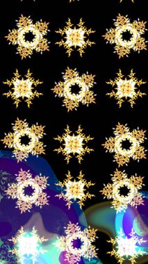 Crystal snowflake in black, blue and yellow colors. Raster illustration.