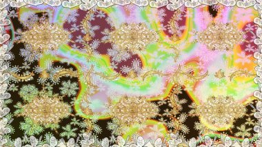 Kusursuz damaske klasik altın desen. Tarafsız renklerde altın rengi ve altın elementler üzerinde altın pürüzsüz desen. Raster illüstrasyonu. Tekrarlayan ögelerle soyut arkaplan Raster.