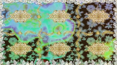 Golden elements on neutral colors. Wallpaper baroque, damask. Floral pattern. Seamless raster background. Stylish graphic pattern.