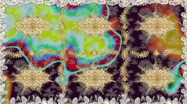 Oriental style arabesques. Seamless pattern on brown colors with golden elements. Openwork delicate golden pattern. Raster art. Seamless golden texture curls. Brilliant lace, stylized flowers, paisley