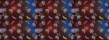 Seamless pattern in vintage style with bouquets of flowers. On brown, purple and blue colors. Raster illustration.