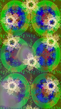 İllüzyon. Güzel, yeşil, mavi ve nötr kar taneleri renkli bir arka planda izole edilmiş. Düşen Noel stili kar taneleri. Kar taneleri, kar yağışı.