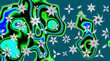 Parlak renkli çiçekleri ve mavi yaprakları olan harika bir çiçek deseni. Moda baskıları için zarif bir şablon. Modern çiçek arkaplanı. Halk stili.