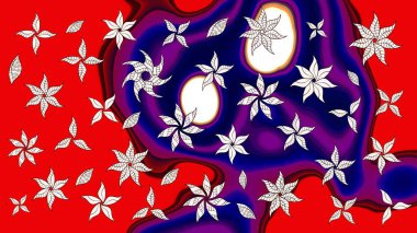 Raster illüstrasyonu. Raster illüstrasyonu. Kırmızı ve mavi renkte çiçekler. Çiçek desenli çizim. Asya tekstil tarzında.