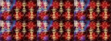 Kahverengi, kırmızı ve siyah kar taneleri. Kar tanelerinin soyut arkaplanlı Noel şablonu. Noel ve yeni yıl moda baskıları için tatil tasarımı. Raster illüstrasyonu.