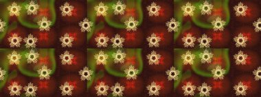 Falling Christmas stylized snowflakes. Snowflakes, snowfall. Illustration. Beautiful raster brown, red and green snowflakes isolated on a colorful background.