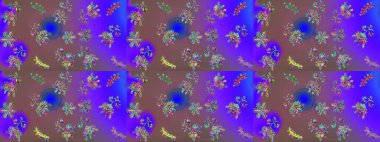 Flowers on violet, purple and blue colors. Raster floral pattern in doodle style with flowers. Gentle, cute floral background.