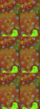 Raster illüstrasyonundaki çiçek desenli çizim. Kahverengi ve yeşil renkte çiçekler.