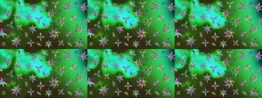 On green and gray backdrop. Childish design. Raster sketch pattern with hand drawn doodle flowers. Cute floral background for textile, fabric, wrapping, scrapbooking.