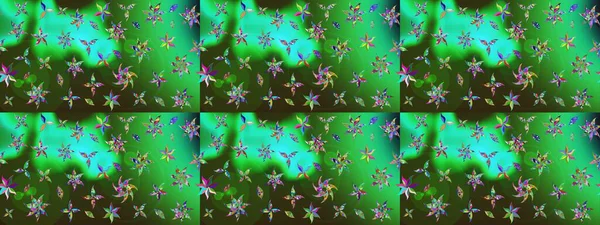 On green and gray backdrop. Childish design. Raster sketch pattern with hand drawn doodle flowers. Cute floral background for textile, fabric, wrapping, scrapbooking.