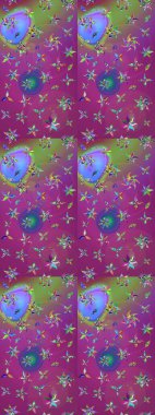 Bir sürü mor ve yeşil soyut çiçekli tropik eskiz deseni. Küçük çiçekteki sevimli çiçek deseni. Varicolopurple ve yeşil raster çizimi.