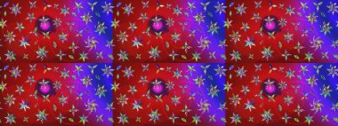 Çiçeksel çizim kalıbının yansıması. Vadinin çiçekleri kırmızı ve mor renklerde.