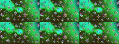 Suluboya elle çizilmiş çiçek desenli eskiz deseni. Parlak renkli fantezi çiçekleri, yapraklar, yeşil ve gri renkli tomurcuklar yeşil ve gri.