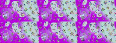 Güzel kumaş deseni. Raster suluboya deseni, narin çiçekler, nötr ve menekşe çiçekleri, tebrik kartı şablonu.