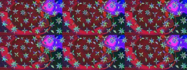 Moda baskıları için zarif bir şablon. Halk tarzı. Parlak renkli çiçekleri olan ve kırmızı ve kahverengi renkte yaprakları olan harika bir çiçek deseni. Modern çiçek arkaplanı.