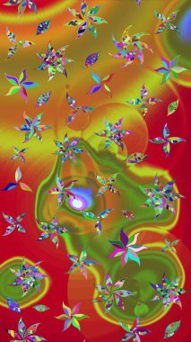 Modern çiçek arkaplanı. Parlak renkli çiçekleri ve yeşil ve kırmızı renkte yaprakları olan harika bir çiçek deseni. Halk tarzı. Moda baskıları için zarif bir şablon.