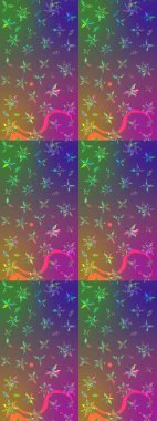 Çiçekli karalama şeklinde Raster çiçek deseni. Mor ve yeşil renkli çiçekler. Yumuşak, yaz çiçekli arka plan.