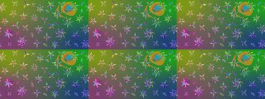 Raster illüstrasyonu. Yeşil ve mavi renklerde. Yeşil ve mavi renkli yeşil ve mavi papatya deseni.