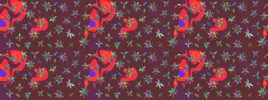 Arkaplan dokusu, duvar kağıdı, kahverengi ve kırmızı renkli çiçek teması. Kabile sanatı boho baskısı, klasik çiçek arkaplanı. Soyut etnik raster çizim kalıbı.