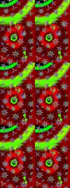 Colorful sketch pattern. Raster illustration. In cute textile style on red and green colors. Floral background. Flowers wallpaper.